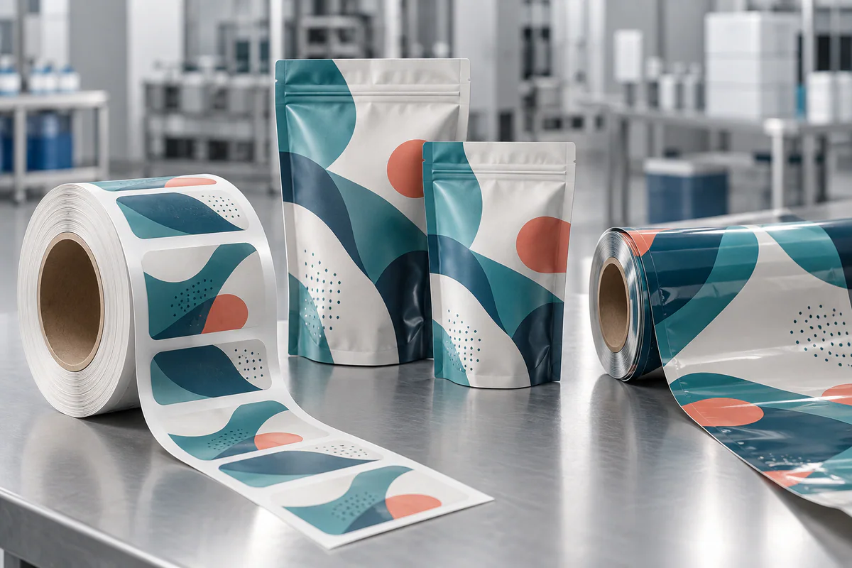 Screen-printed labels, stand-up pouches and flexible packaging film samples