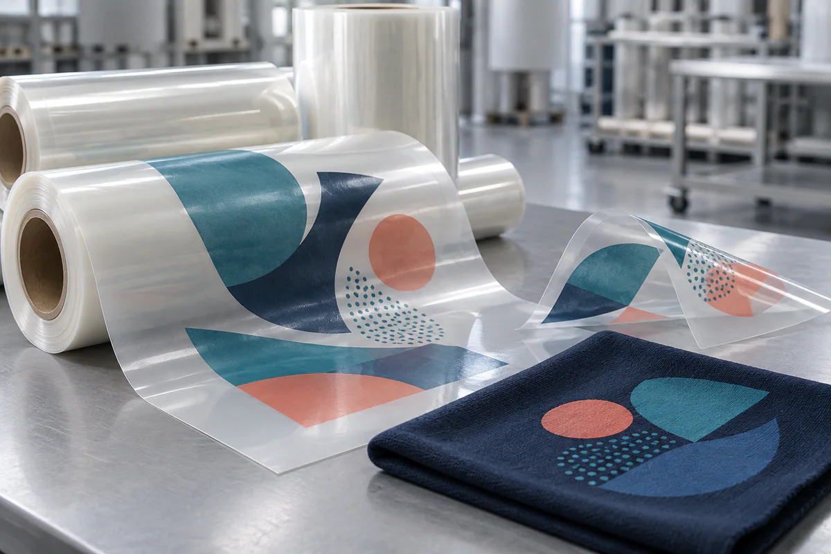 Printed PET carrier films and textile heat-transfer sample
