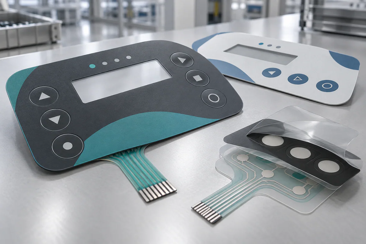 Membrane switch overlays with layered printed circuits and flexible tails