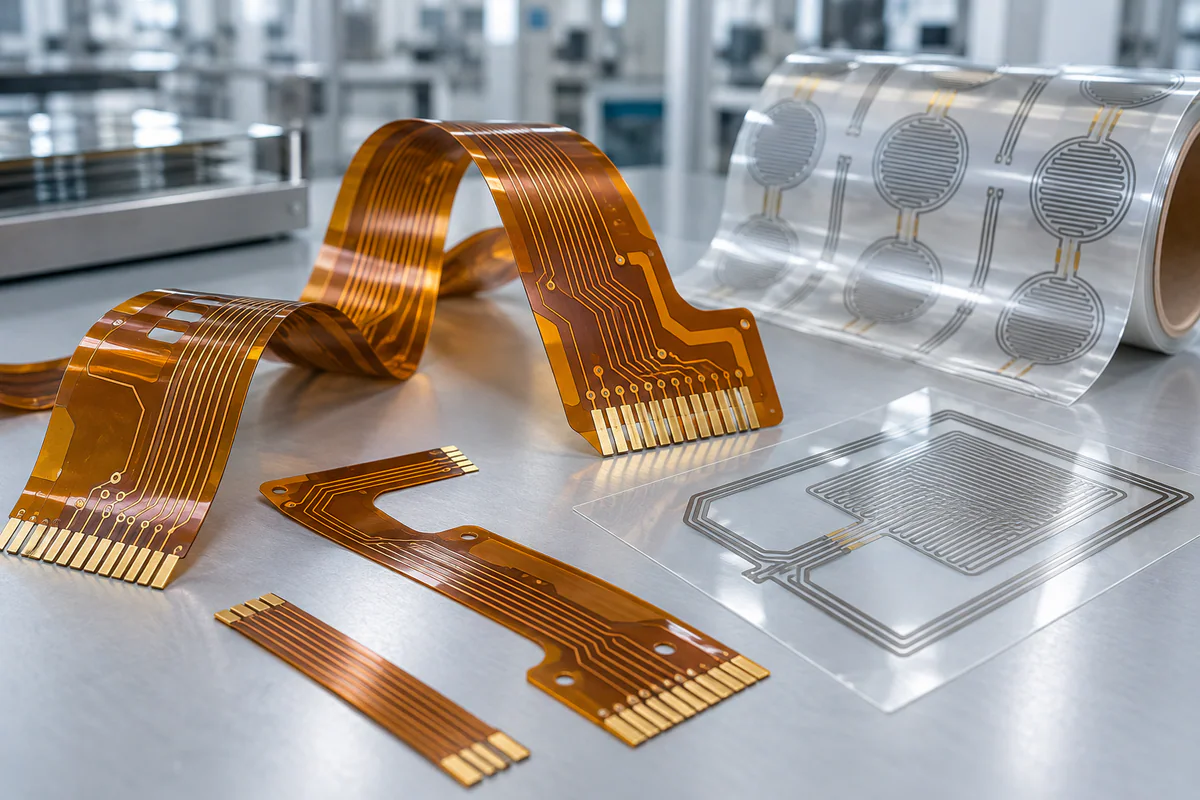 Flexible printed circuits and transparent electronic material samples