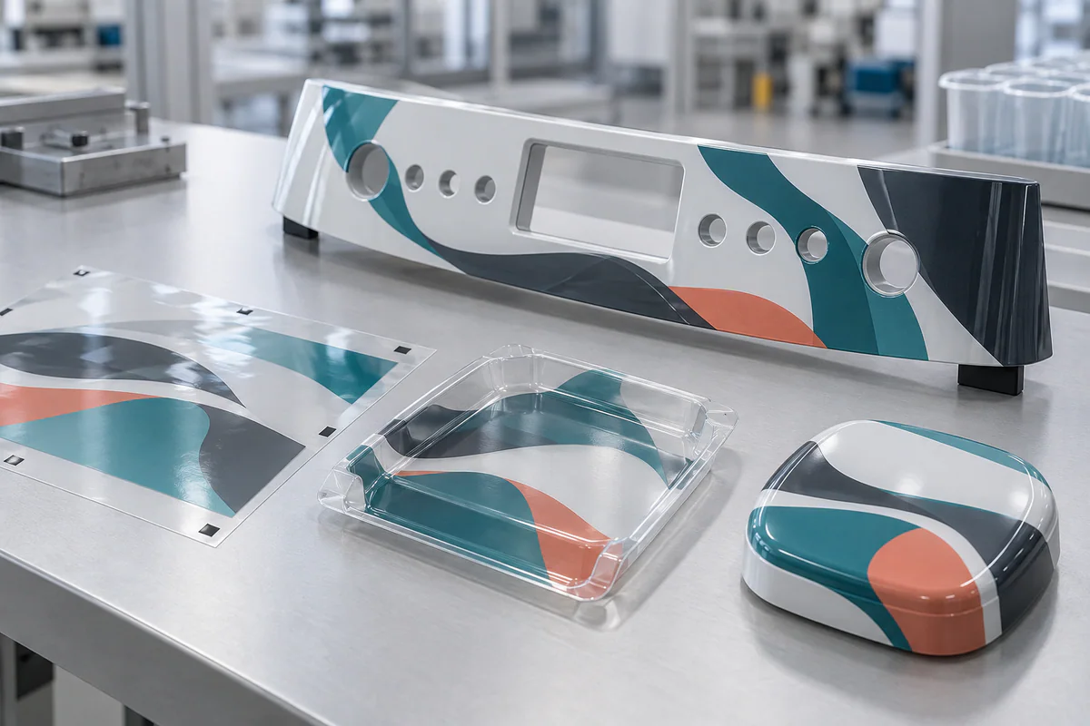 Flat printed film, formed insert and molded IMD IML component samples