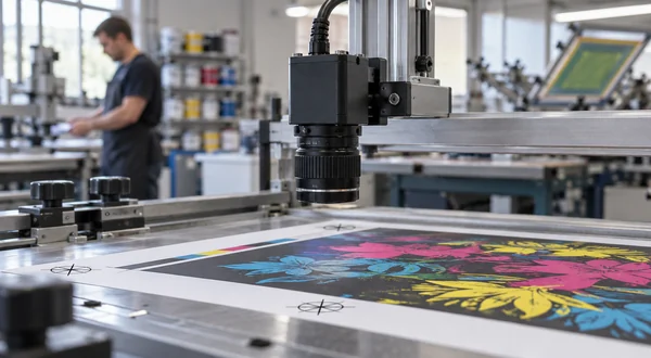 Industrial camera positioned above registration marks on a printed sheet.