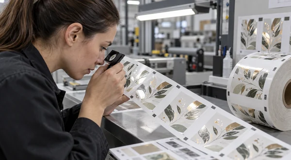 Technician checking selective foil coverage on printed label samples with a magnifier.
