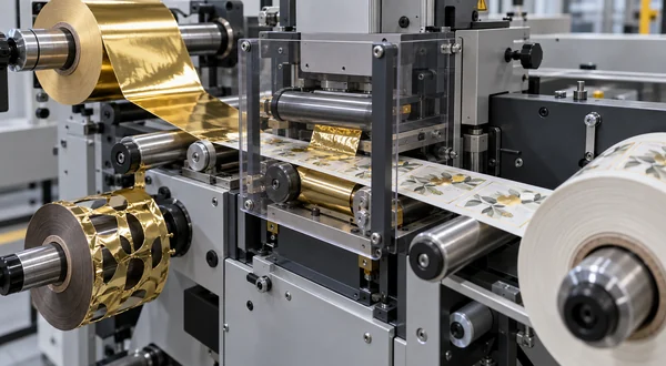 Metallic foil and printed label webs passing through a generic guarded transfer unit.