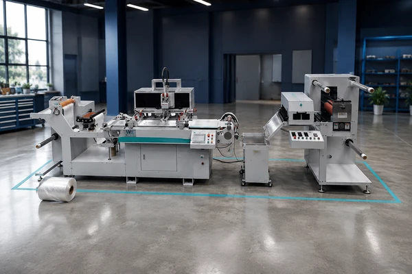 Roll-fed printing line with unwind and rewind units
