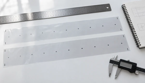Illustration of two film-strip samples with registration marks beside a ruler and caliper
