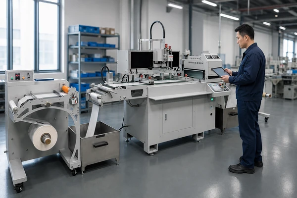Operator reviewing a roll-fed machine in a workshop
