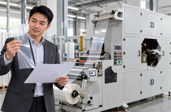 Asian male professional reviewing film and a process drawing beside a pre-shrink oven illustration