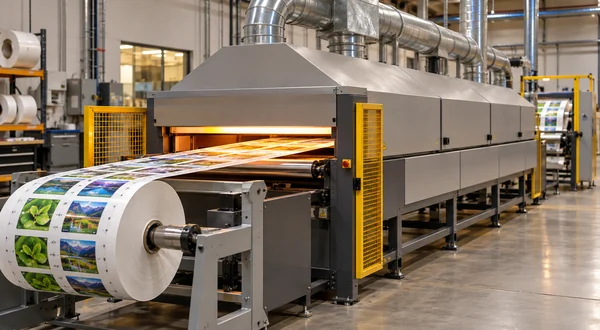 Printed label web traveling through an enclosed hot-air drying tunnel.