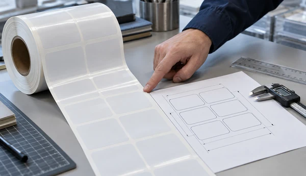 Illustration of roll-fed label stock beside a dimensioned multi-lane artwork drawing and measuring tools