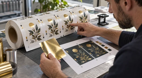 Engineer comparing a printed label roll, foil artwork and metallic foil sample.
