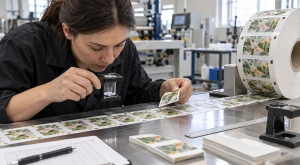 Quality inspector checking print coverage and registration on a trial label roll.