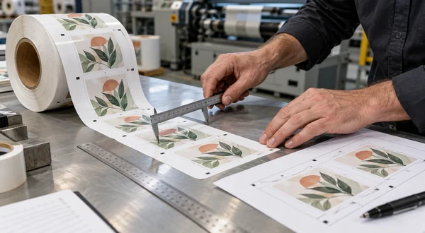 Engineer measuring a label web and artwork to compare web width, print area and repeat length.