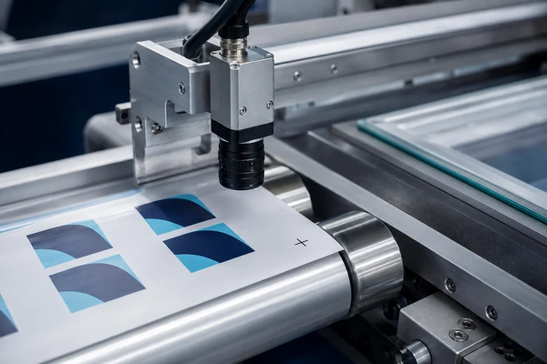 Camera positioned above printed film passing over rollers