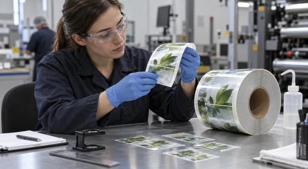 Technician checking printed label samples and a rewound roll after a curing trial.