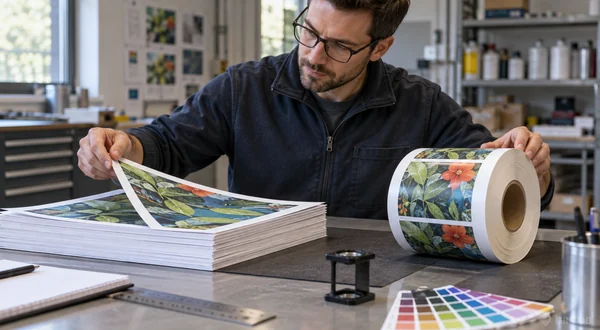 Engineer comparing a printed sheet stack with a rewound label roll at a workbench.