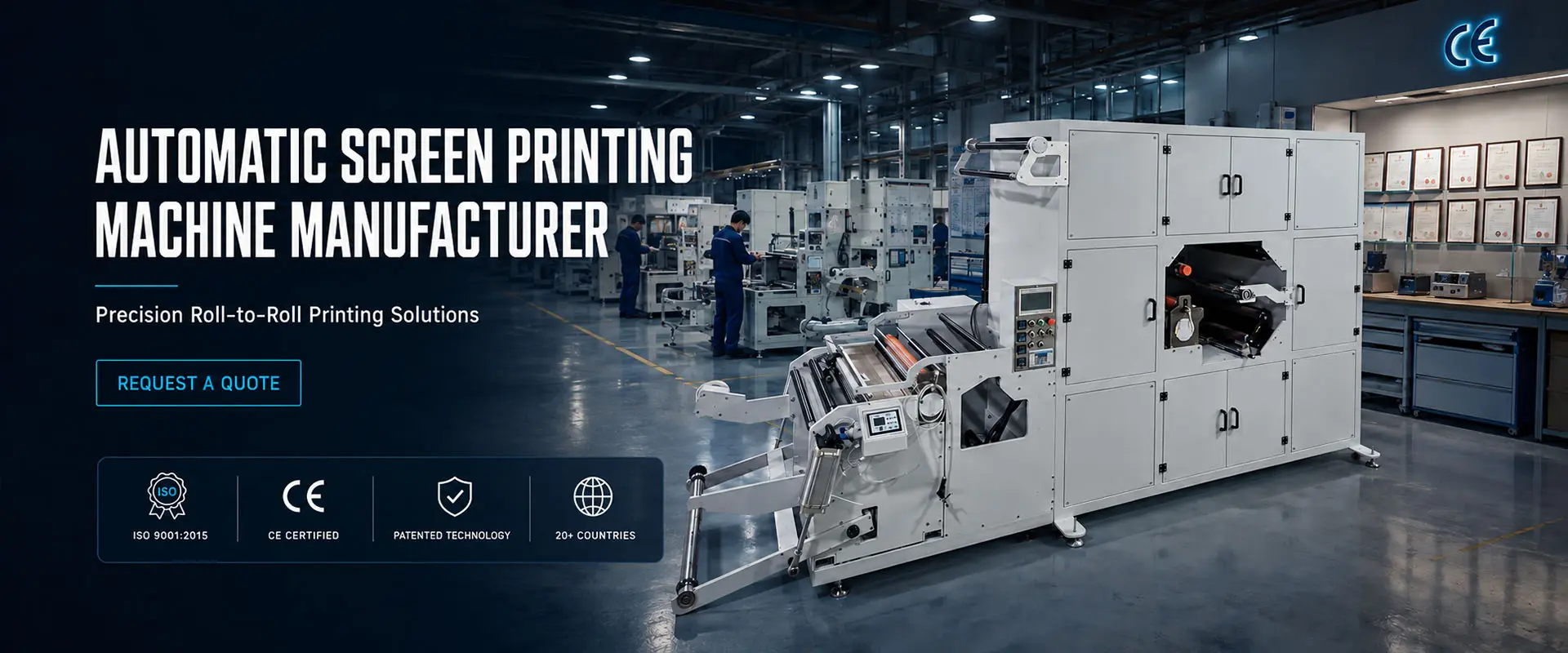 Automatic roll-to-roll screen printing machine with web-handling rollers in a workshop
