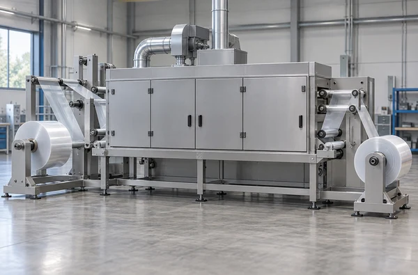 Concept illustration of roll-fed film passing through a thermal drying oven, not a Winshol model photograph