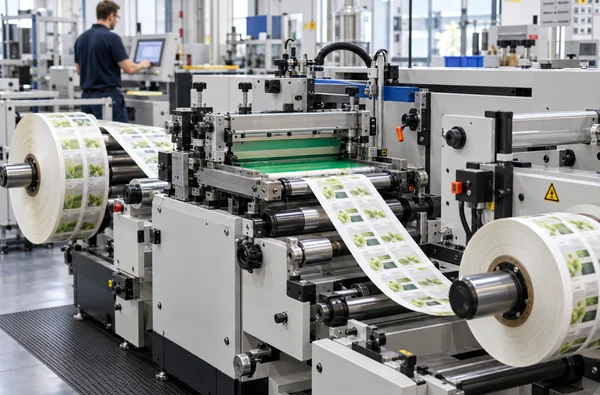 Illustrative roll-to-roll screen printing line feeding and rewinding a continuous label web.