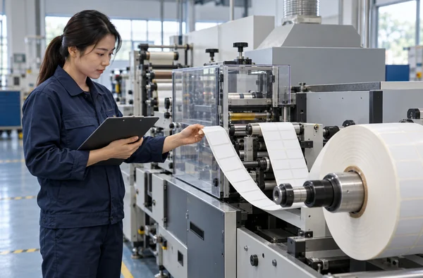 Illustration of a process engineer reviewing a label roll beside a roll-to-roll printing line