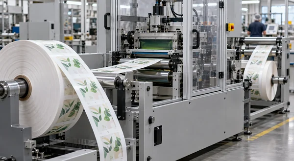 Continuous printed label web unwinding and passing through a roll-fed printing line.