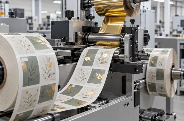 Continuous label web with selective metallic foil accents at a generic finishing station.