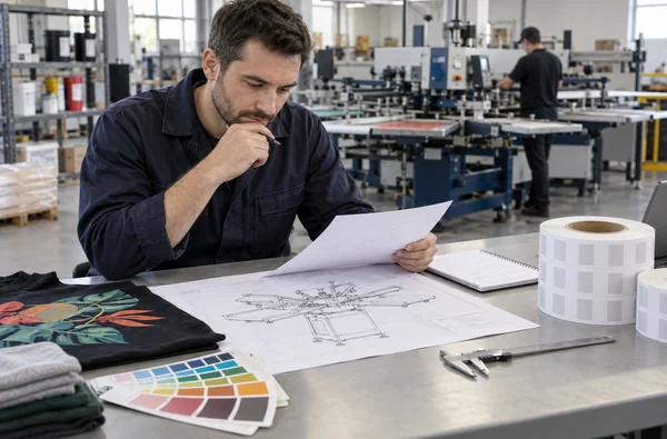 Engineer reviewing material samples and a machine layout before requesting a screen printing quotation.