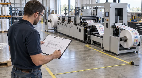 Engineer reviewing factory space and a line layout beside a generic printing machine.