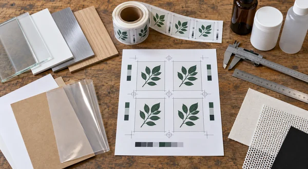Production substrates, printed label artwork and measuring tools prepared for a machine RFQ.