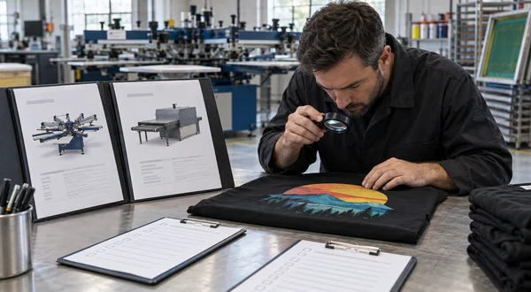 Engineer inspecting a printed sample beside two equipment proposal folders.