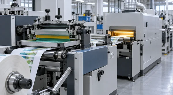 Illustrative label web passing from a screen printing station toward a separate curing unit.