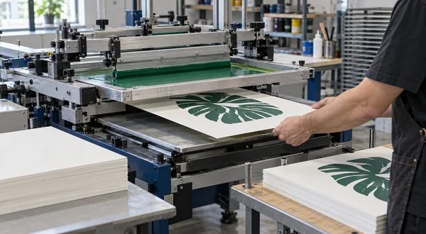 Operator feeding an individual sheet through a flatbed screen printing station.