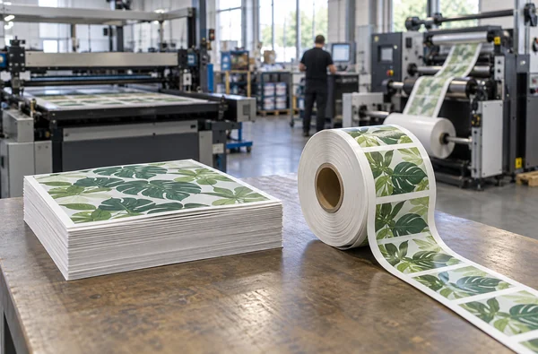 Stack of printed sheets beside a continuous printed label roll in a print workshop.