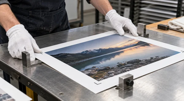 Operator aligning a printed sheet against physical registration guides.