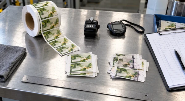 Illustration of a technician checking a roll-fed label sample and recording a timed trial