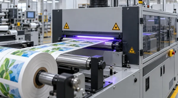 Printed label web entering an enclosed UV curing unit.