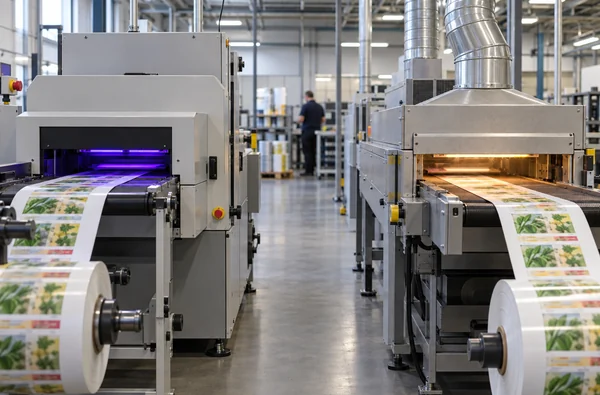 Illustration comparing enclosed UV curing and hot-air drying routes for printed label webs.