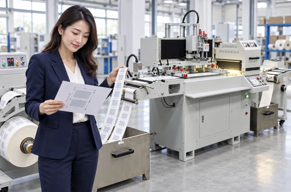 Asian businesswoman reviewing a label artwork drawing and roll beside a screen printing machine illustration