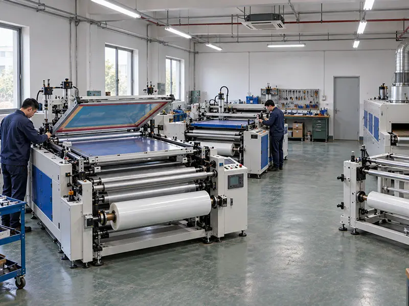 Technicians working on roll-to-roll screen printing machines in a workshop