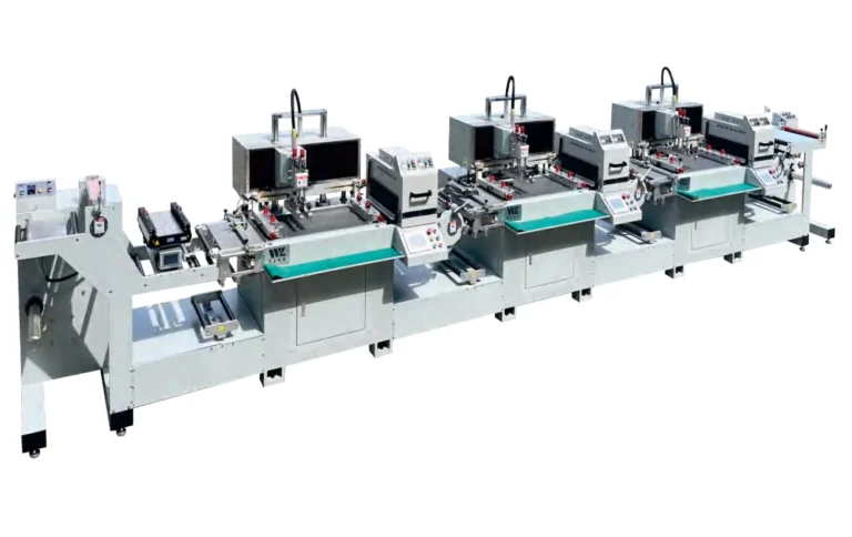 WL-350-3C roll-to-roll screen printing line with three printing stations, UV dryers and guided unwinding