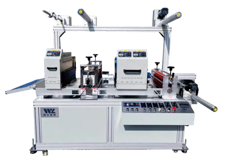 WL-350-LTJ horizontal cold foil machine with UV drying units, foil handling shafts and rewinding section