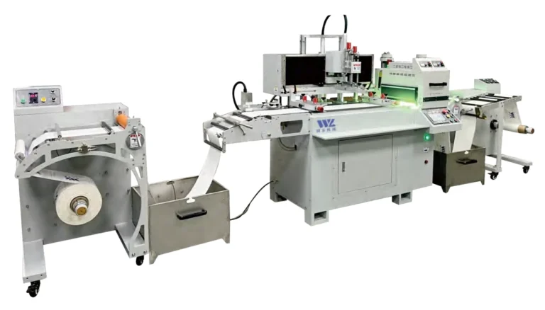 WL-350D single-color UV roll-to-roll screen printing machine with unwinding unit and inline UV dryer