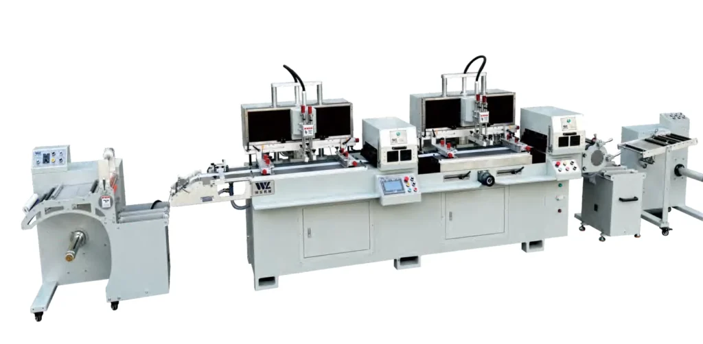 WL-350S two-color roll-to-roll screen printing line with two printing stations and inline UV dryers