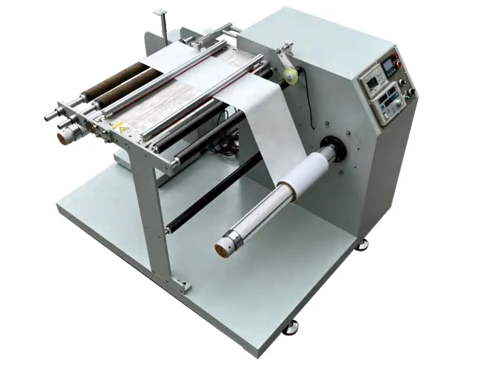 WL-500JPDJ web guiding and rewinding machine with material rollers, roll shafts and an operator control panel