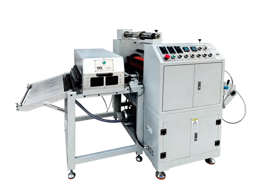 WL-500TB-LTJ intermittent cold foil machine with control cabinet, UV drying section and foil handling shafts