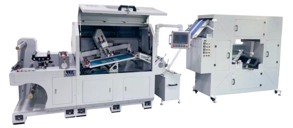 WL-500XW single-color inclined screen printing line with unwinding, suction-assisted feeding and a hot-air dryer