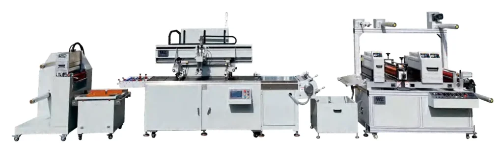 WL-50120D roll-fed screen printing line with unwinding, UV drying equipment and a horizontal cold foil unit