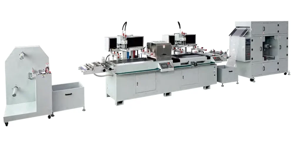 WL-5045S two-color roll-fed screen printing line with two printing heads and oven-drying equipment