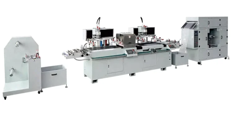 WL-5045S two-color roll-fed screen printing line with two printing heads and oven-drying equipment
