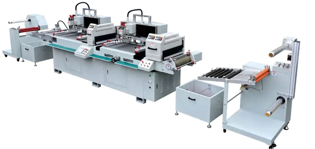 WL-5045S two-color UV roll-to-roll screen printing line with two printing stations, UV dryers and roll-handling units